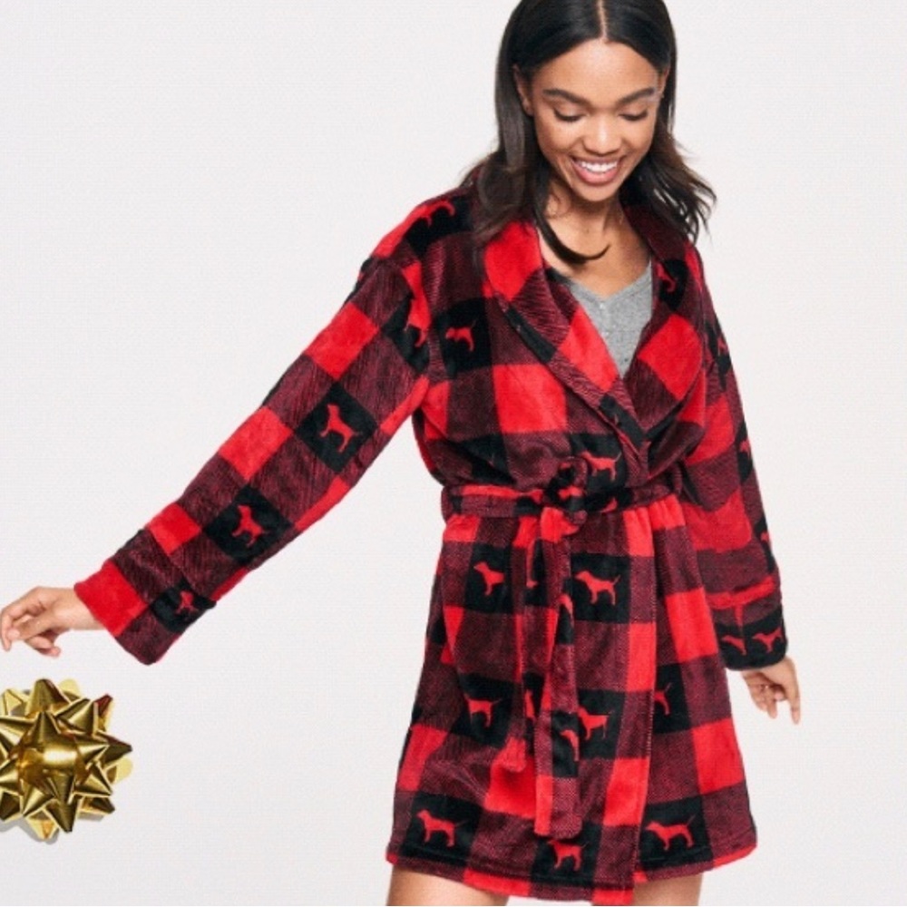 Victoria’s Secret PINK red and black plaid dog design super soft fuzzy robe